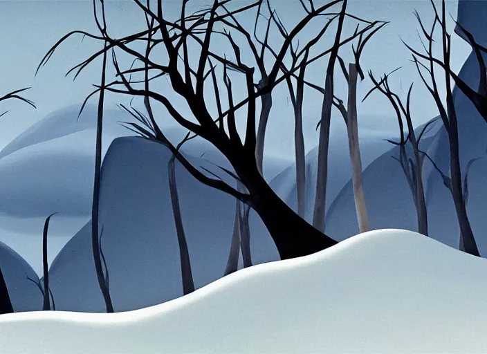 Prompt: minimalist charred moody rhythmic dramatic wooded snowdrift landscape from mulan ( 1 9 9 8 )