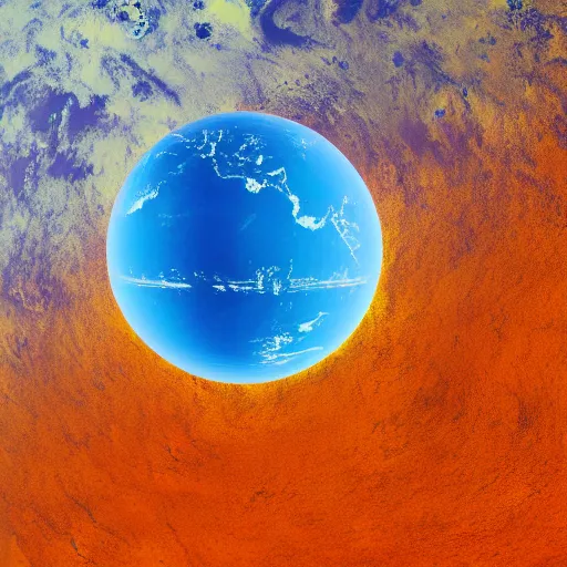 Image similar to a planet in shape of cube, filled with dark red oceans and yellow vegetation, satellite image