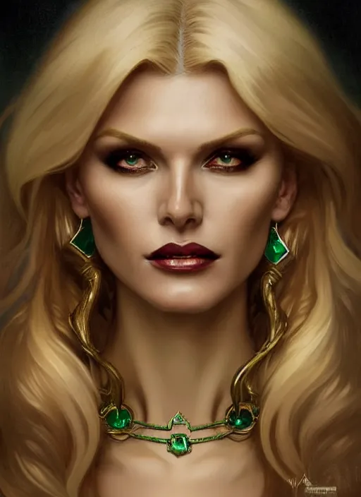 Prompt: portrait of model victoria silvstedt as a sultry vampire lady, jewelry, greek, emerald, intricate, headshot, highly detailed, digital painting, artstation, concept art, sharp focus, cinematic lighting, illustration, art by artgerm and greg rutkowski, alphonse mucha, cgsociety