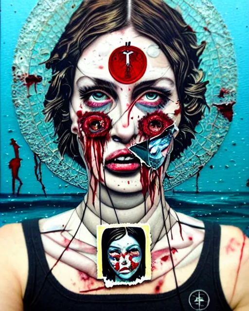 Image similar to a tarot card portrait horror and blood with sea and ocean intricate details by Sandra Chevrier