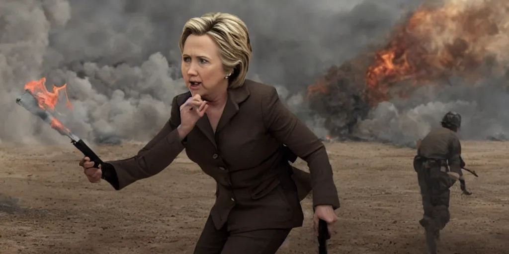 Image similar to movie still of hilary clinton fighting in libya, focused shot, realistic, smoke, fire, octane render