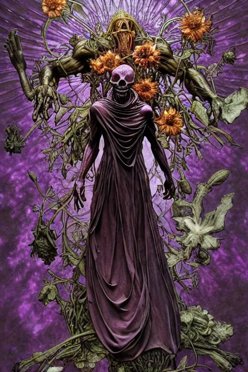 Image similar to the platonic ideal of flowers, rotting, insects, mushrooms and praying of cletus kasady ultimate carnage thanos dementor doctor manhattan chtulu nazgul davinci dalhi, detailed, intricate, hyperrealism, intense, scary, decay, dmt, art by brock hofer and artgerm and greg rutkowski and alphonse mucha