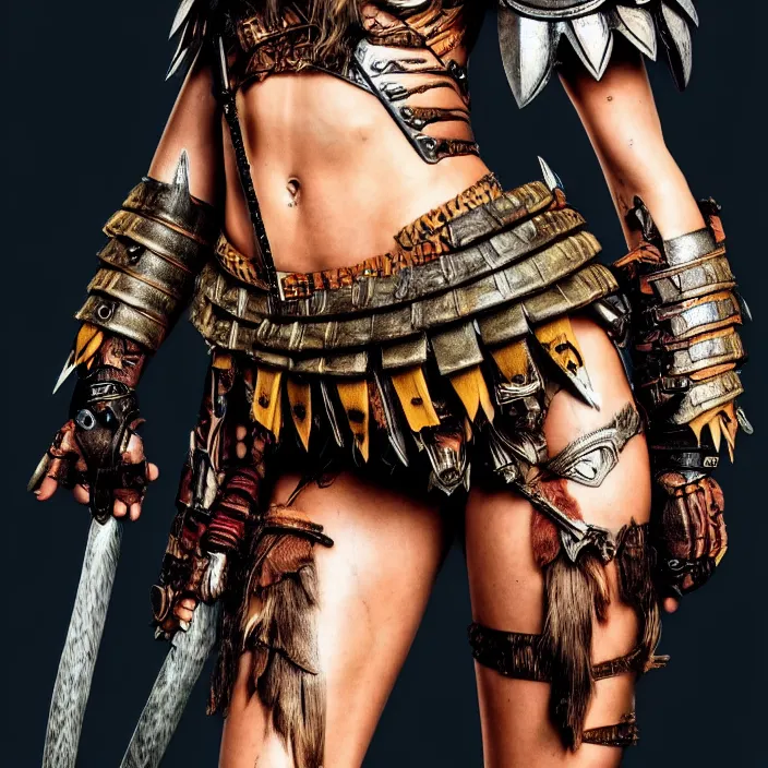 Prompt: professional full length photograph of cara delevingne as an amazon warrior. Extremely detailed. 8k