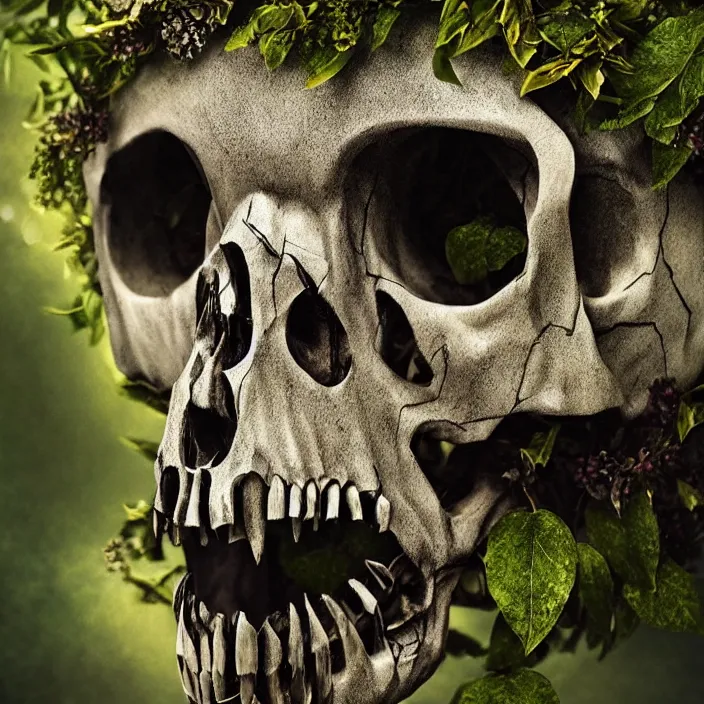Prompt: overgrown foliage on a realistic wolf skull, close - up, beautiful, lens flare, emotional, sweet, flowers, detailed, picture, artstation, award - winning
