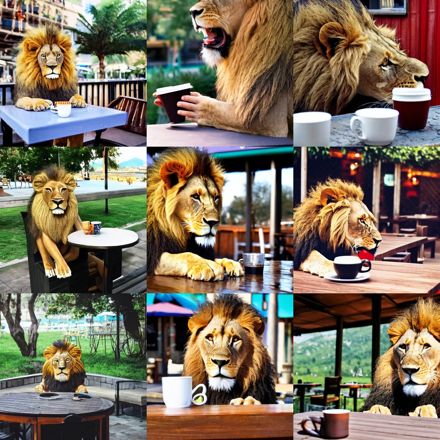 Prompt: A lion drinking coffee at table of an outdoor bar.