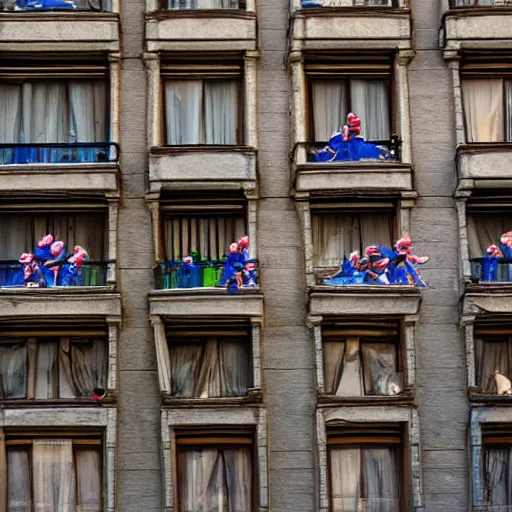 Image similar to dwarfs jumping from balcony, photography