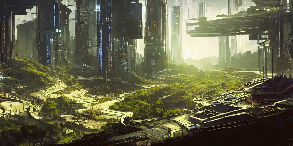 Image similar to a cinematic composition depicting : a computer run cyberpunk and solarpunk world, viewed from the cyberpunk mountain overlooking a hopeful and lush foresty solarpunk valley