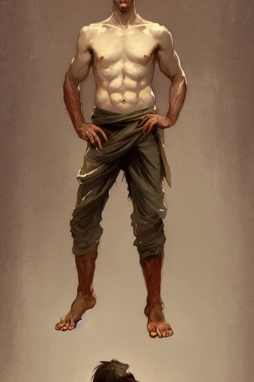 Prompt: full figure portrait of a single beautiful young fit man, large pants, bare feet, by greg rutkowski and alphonse mucha, d & d character, modern interior room background, highly detailed portrait, digital painting, artstation, concept art, smooth, sharp focus ilustration, artstation hq