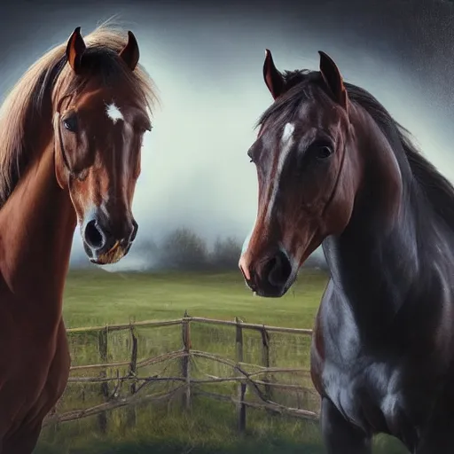 Image similar to a stunning ultra realistic painting of horses diffused into one another inside a stable by tom bagshaw, 24mm lens, 4k