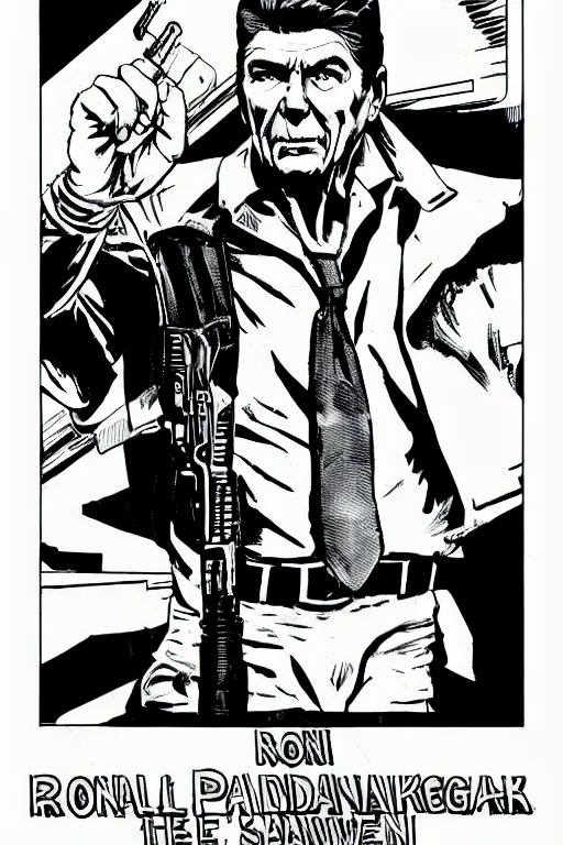 Image similar to ronald reagan holding a pistol, a page from cyberpunk 2 0 2 0, style of paolo parente, style of mike jackson, adam smasher, johnny silverhand, 1 9 9 0 s comic book style, white background, ink drawing, black and white, colouring pages