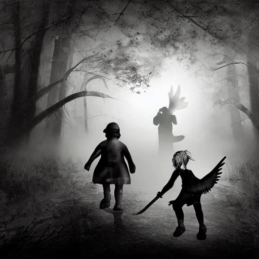 Prompt: a grave digger with remnants of angel wings is chasing a child through a creek in the woods, bad dream, hazy memory, volumetric, hyper realistic, dark black and white in the style of alvin schwartz, epic angles