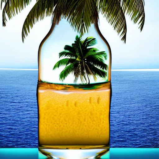 Prompt: close up still photo of an ocean in an erlenmeyer flaskw with a small island and a single palm tree and a man fishing