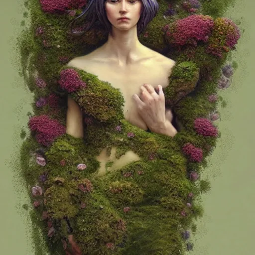 Image similar to a human figure made of moss and flowers, beautiful high quality realistic fantasy art, trending on artstation by artgerm and greg rutkowski and alphonse mucha