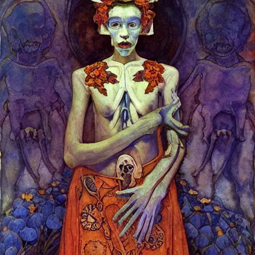 Image similar to the queen of flowers and bones, by Annie Swynnerton and Nicholas Roerich and Diego Rivera, bioluminescent skin, elaborate costume, geometric ornament, symbolist, cool colors, smooth, sharp focus, extremely detailed