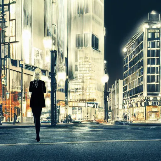 Prompt: a blonde woman wearing black looks out at a busy city street at night, photorealistic digital art