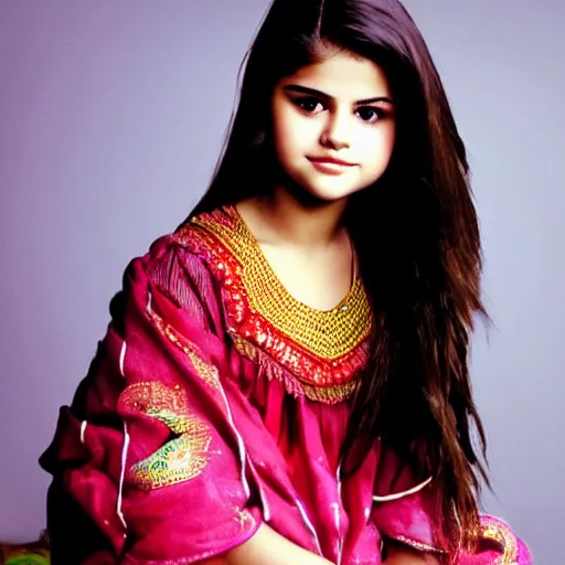 Prompt: dslr photo portrait still of beautiful cute 1 5 year old age 1 5 selena gomez wearing assamese mekhela bihu costume at age 1 5!!!, 8 5 mm f 1. 8 by edward robert hughes, annie leibovitz and steve mccurry, david lazar, jimmy nelsson
