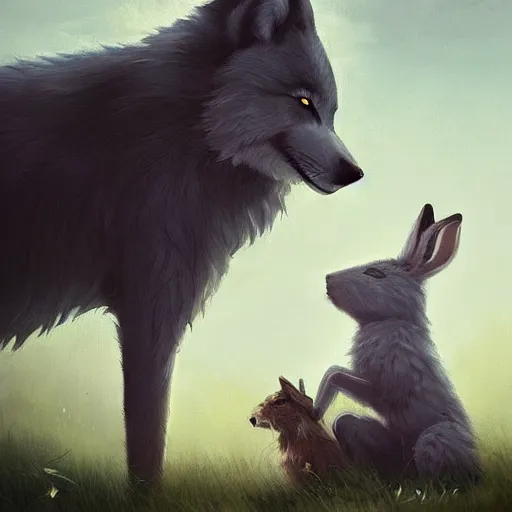 Image similar to A beautiful painting of an anthropomorphic wolf and rabbit sitting in a field and hugging, artstation trending, greg rutkowski