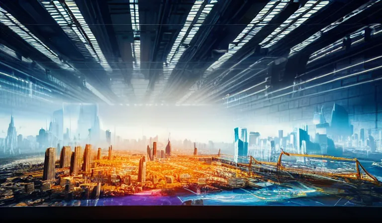 Image similar to large group of people in simple warehouse, looking at hologram of futuristic city on a table, cinematic concept art, godrays, golden hour, natural sunlight, 4 k, clear details, tabletop model buildings, center model buildings, hologram center, crane shot, crane shot, crane shot