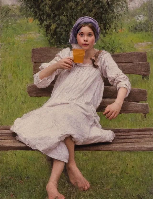 Image similar to portrait of peasant girl sitting on a bench and drinking milk, cottage core, cinematic focus, polaroid photo bleached vintage pastel colors high - key lighting, soft lights, foggy, by steve hanks, by lisa yuskavage, by serov valentin, by tarkovsky, 8 k render, detailed, oil on canvas