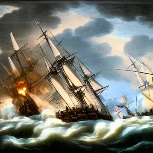 Image similar to trafalgar naval battle, stormy weather