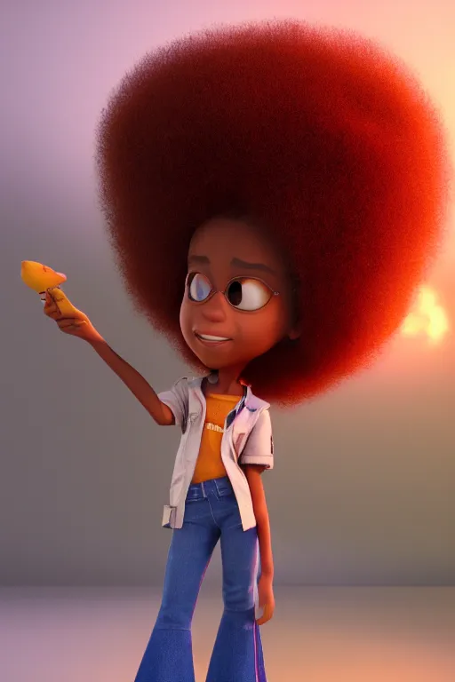 Prompt: a centered render of a super cool afro girl from the seventies wearing flares, by dreamworks, by pixar, by viktoria gavrilenko, by leticia gillett, octane render, 3 d, 8 k