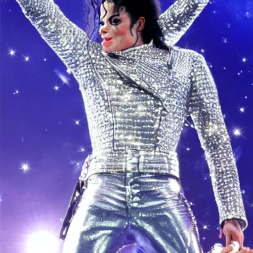 Image similar to Michael Jackson Invincible world tour, sparkly blue style