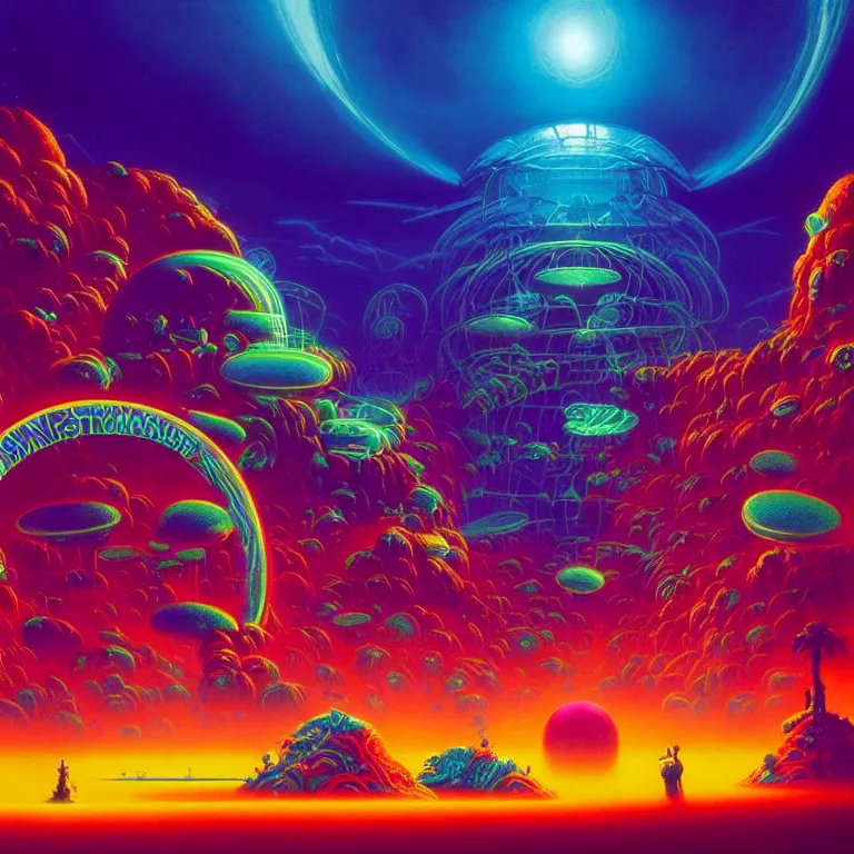 Prompt: strange mysterious creatures, infinite quantum portal, synthwave, bright neon colors, highly detailed, cinematic, panoramic, tim white, michael whelan, roger dean, bob eggleton, chris foss, vladimir kush, kubrick, kimura, isono