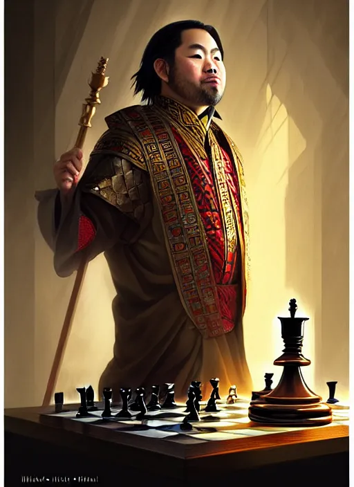 Image similar to gm hikaru nakamura dressed as a king, holding a chess piece fantasy portrait, artstation, extremely detailed artgerm greg rutkowski