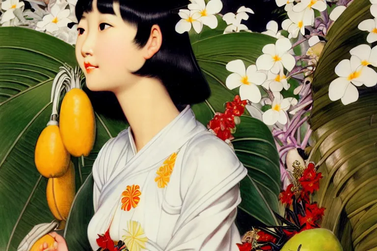 Image similar to a portrait of double eyelids asian female with short black hair dressed with a robot knight plastic white armor dress from evangelion, sit in a throne surrounded by garlands of tropical fruits and flowers, masterpiece painted by jc leyendecker