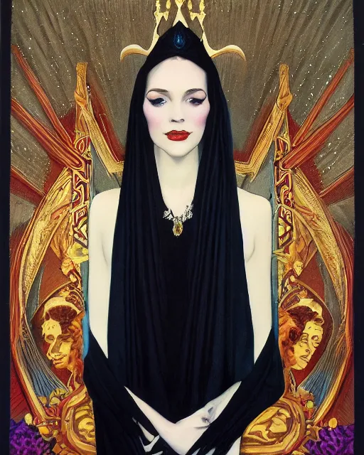 Prompt: a oil painting of a pale skin dark hair curls queen at a royal funeral, veil, black dress, crown by bruce pennington by armstrong wolf, by hans emmenegger by nicholas roerich, art nouveau, pale tone, airbrush, drapery, curtain, dawn