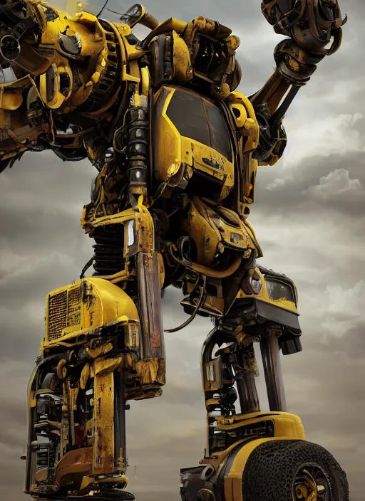 Image similar to a photorealistic dramatic hyperrealistic render of a futuristic exosuit power excavator heavy machinery, ultra realistic details, glossy yellow, well worn, rust, oil stains by vitaly bulgarov and mike nash, beautiful dramatic dark moody tones and lighting, cinematic atmosphere, studio lighting, global illumination, shadows, dark background, octane render, 8 k