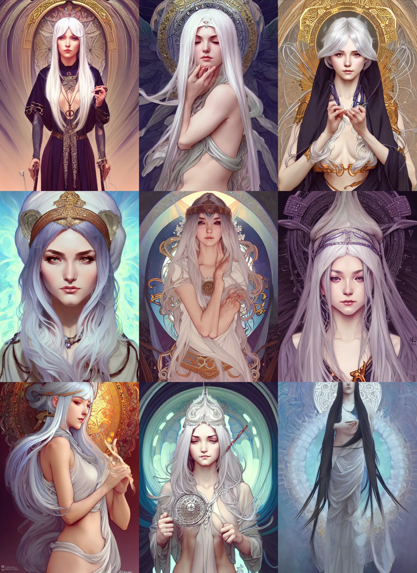 Image similar to A beautiful priestess with silver hair, highly detailed, digital painting, smooth, sharp focus, illustration, art by artgerm and alphonse mucha, high definition digital art, in the style of Ross tran and ilya kuvshinov