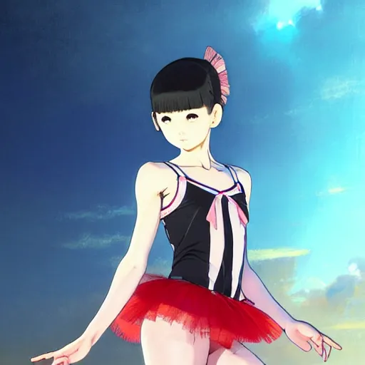 Image similar to a beautiful! boyish! ballerina alluring gravure! model, aztech street fashion oversized mayan tutu and leotard, with mayan patterns, gapmoe yandere grimdark, trending on pixiv fanbox, painted by greg rutkowski makoto shinkai takashi takeuchi studio ghibli, akihiko yoshida