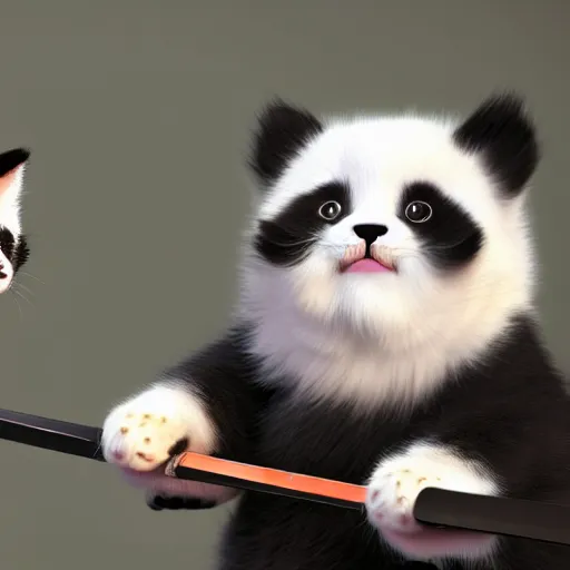 Image similar to cute kitten with panda body and cat face, in a kimono, holds a sword, by greg rutkowski, highly detailed, octane render, 4 k