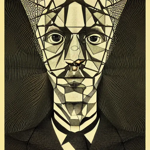 Prompt: dryneedle print polish poster conceptual figurative post - morden monumental portrait made by escher, highly conceptual figurative art, intricate detailed illustration, controversial poster art, polish poster art