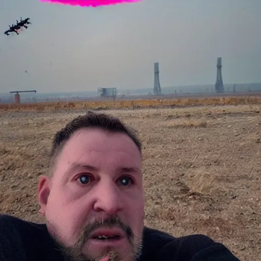 Image similar to last selfie of last alive funny scared ukrainian very damaged body to bones, bleeding running from nuclear rockets and nuclear explossions, big nuclear explosion at background, and nuke missles fly right in lens,