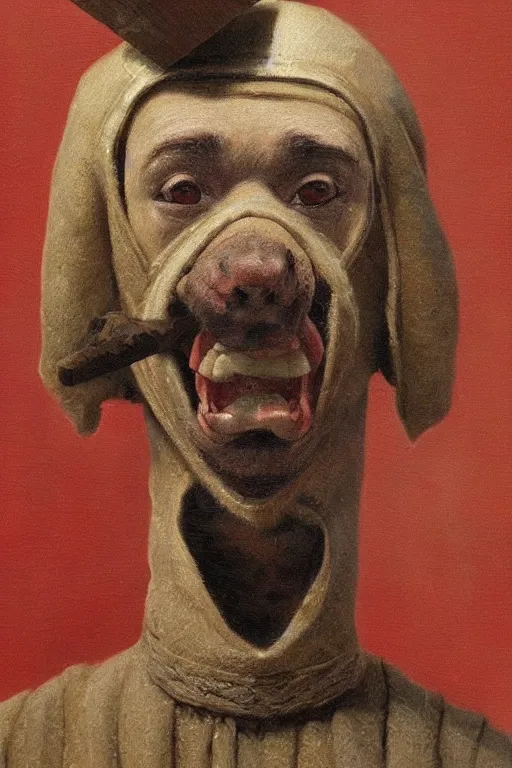 Image similar to Slavic dog head man, woolen torso in medieval clothes, Orthodox, oil painting, hyperrealism, beautiful, high resolution, trending on artstation, with an axe,