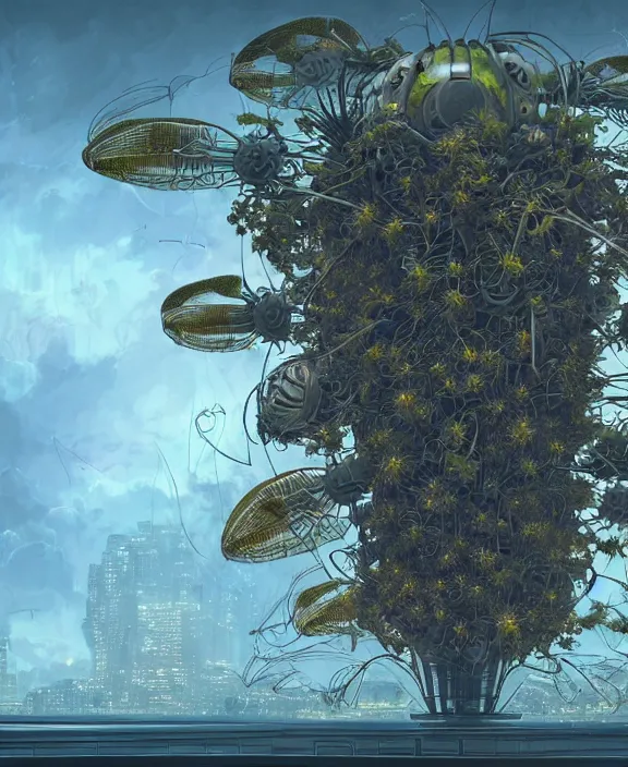 Image similar to a giant weird industrial plant made out of isopod dragonflies, in the style of a strange asymmetrical spaceship, overgrown with disturbing orchids, godbeams, partly cloudy, somber, dramatic lighting, by dan mumford, yusuke murata, makoto shinkai, ross tran, cinematic, unreal engine, cel shaded, featured on artstation, pixiv