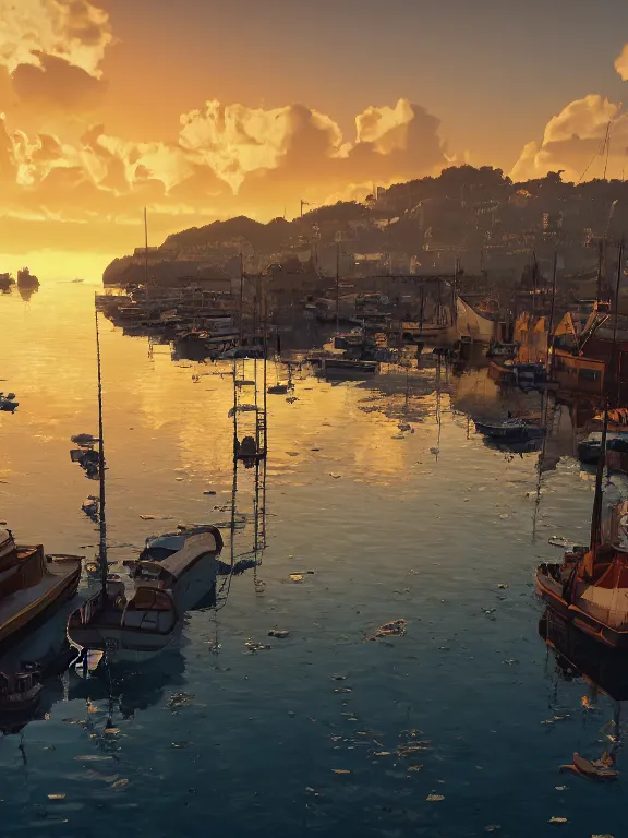 Prompt: photo of 8k ultra realistic harbour, port, boats, sunset, beautiful light, golden hour, full of colour, cinematic lighting, battered, trending on artstation, 4k, hyperrealistic, focused, extreme details,unreal engine 5, cinematic, masterpiece, art by studio ghibli