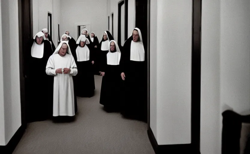 Prompt: Nuns in the shining by stanley kubrick, shot by 35mm film color photography