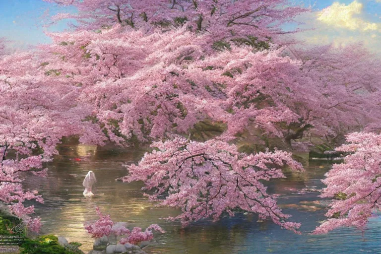 Prompt: a beautiful picture of sakura in full bloom, palace ， a thom yorke with pretty details face,, by mendoza, larry elmore, donato giancola and thomas kinkade, trending on artstation