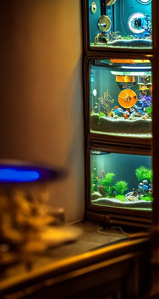 Prompt: telephoto 7 0 mm f / 2. 8 iso 2 0 0 photograph depicting the feeling of chrysalism in a cosy safe cluttered french sci - fi art nouveau cyberpunk apartment in a dreamstate art cinema style. ( ( fish tank ) ), ambient light.