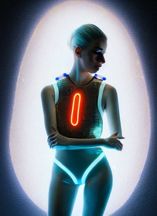Prompt: a beautiful female humanoid with freckles cheeks, long eyelashes, cyber neon lighting, futurism, intricate futuristic jewelry, futuristic glossy latex suit, transparent plastic sleeveless vest, profile posing, hyper photorealistic, crispy quality, digital photography, trending in artstation, trending in pinterest, cinematic, 4 k ultra hd, art by pascal blanche, art by greg rutkowski,