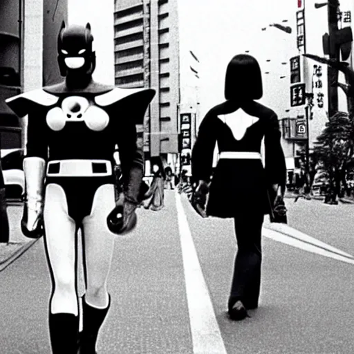 Image similar to japanese 70s black and White TV show, Photorealistic, cyborg superheroes walking the streets of Shinjuku