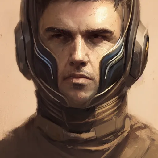 Image similar to Portrait of a man by Greg Rutkowski, he is about 30 years old, Nordic and Hebrew factions, messy brown short hair, strong, tired expression, father figure image, he is wearing a futuristic space gear, highly detailed portrait, scifi, digital painting, artstation, concept art, smooth, sharp foccus ilustration, Artstation HQ.