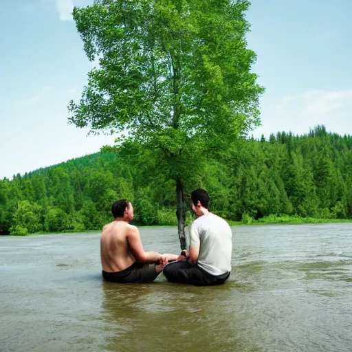 Image similar to two men sitting on a small damn on a river with a tree in the middle with a forest in the background