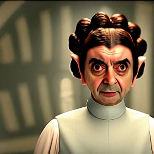 Image similar to mr. bean as princess leia from star wars. movie still. cinematic lighting.