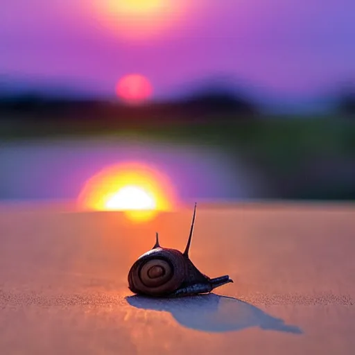 Prompt: a snail watching the sun rise whilst drinking a cup of tea, early morning light, beautiful day