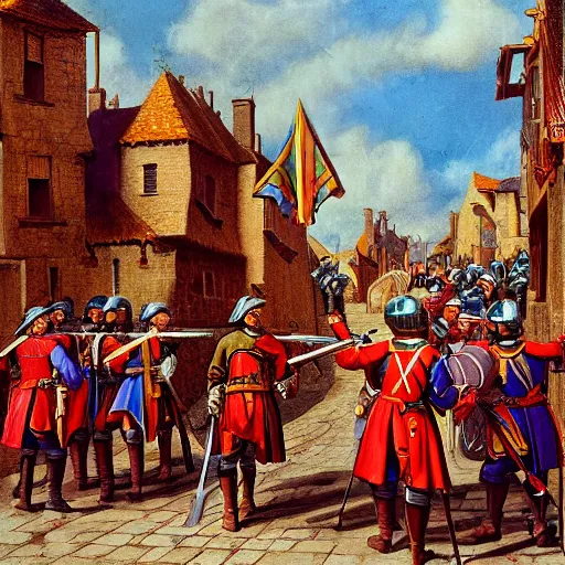 Image similar to line of renaissance soldiers in brightly colored uniforms with halberds as musketeers fire behind them, they are in a tight street surrounded by medieval stone buildings, dying earth, art, rpg, mike franchina