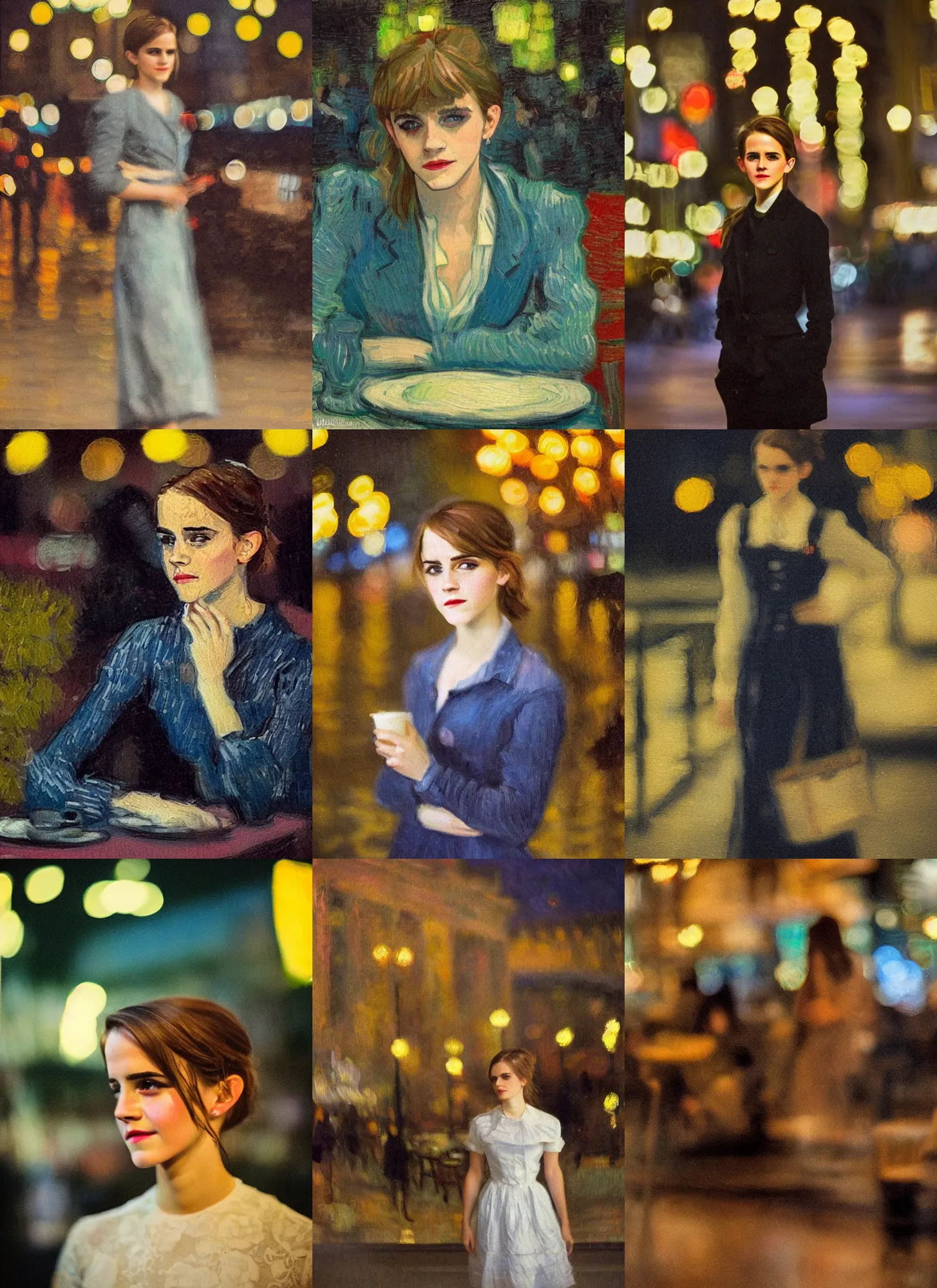 Prompt: an impressionist portrait painting of emma watson by van gogh, paris cafe at night with city lights bokeh background,!!! shallow depth of field!!!, canon 5 0 mm!! tilt - shift!! lens f 1. 2